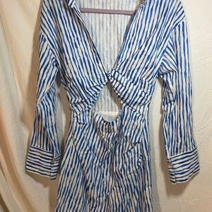 Striped Linen Blend Mini Dress with Cut Out Details Twist Size XS